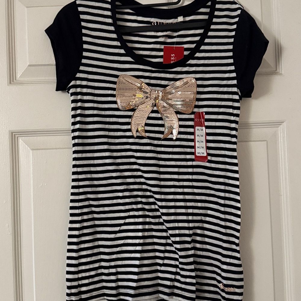 Guess Black and White Striped Tee with Gold sequin Bow